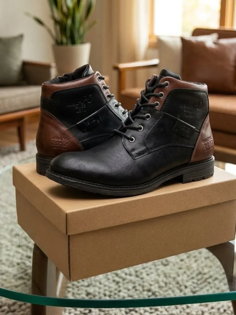 Men's Black Leather Oxford Boots Lace-Up Side Zipper Casual